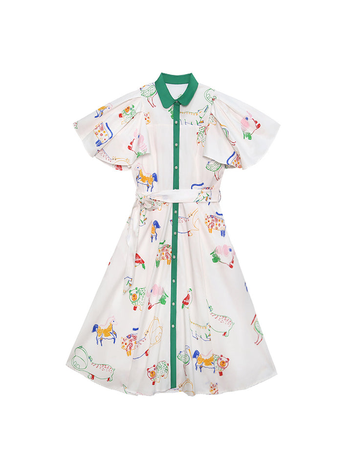 Original French retro bird graffiti full print dress, women's short sleeved white niche slimming dress