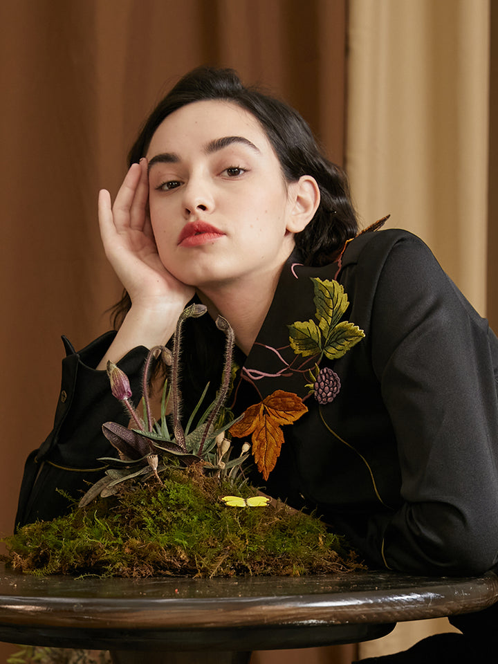 Leaf French Shirt - Original Embroidered Collar Retro Batwing Sleeve Top