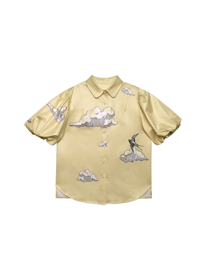 Original 2025 new design sense niche short sleeved printed bubble sleeve flower shirt women's retro top short