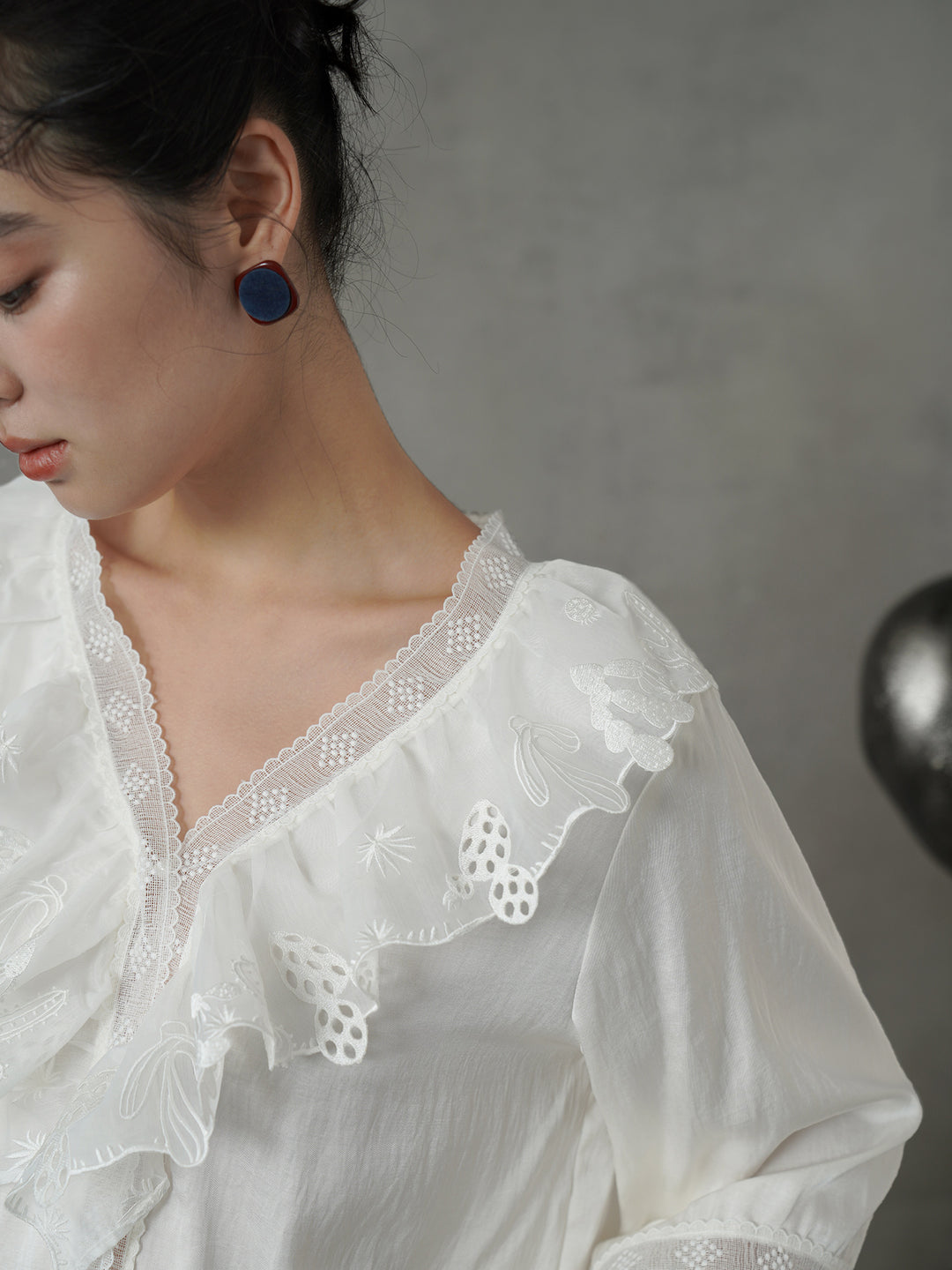 French V-Neck Embroidered Stand Collar Shirt | Romantic Girly Blouse