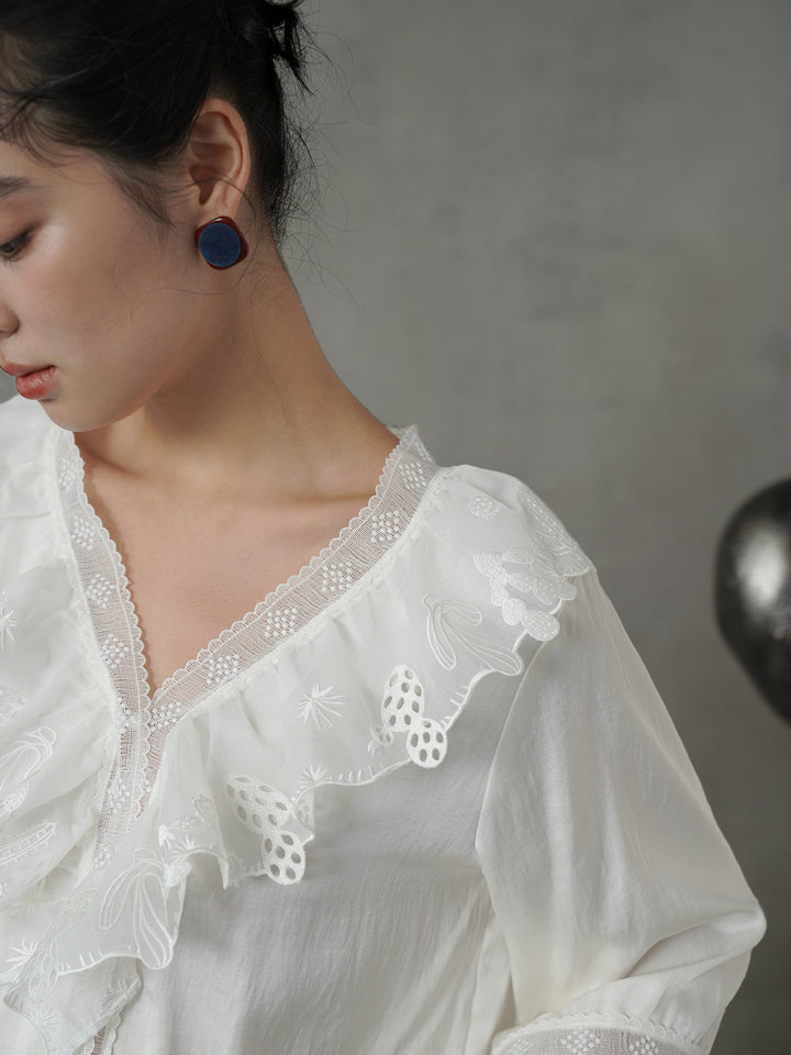 French V-Neck Embroidered Stand Collar Shirt | Romantic Girly Blouse