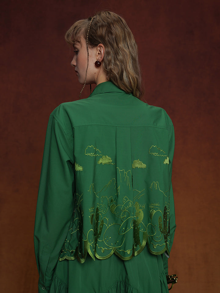 Original Design Women's Retro Pine Green Embroidered Shirt, Women's Relaxation, Niche Loose Top