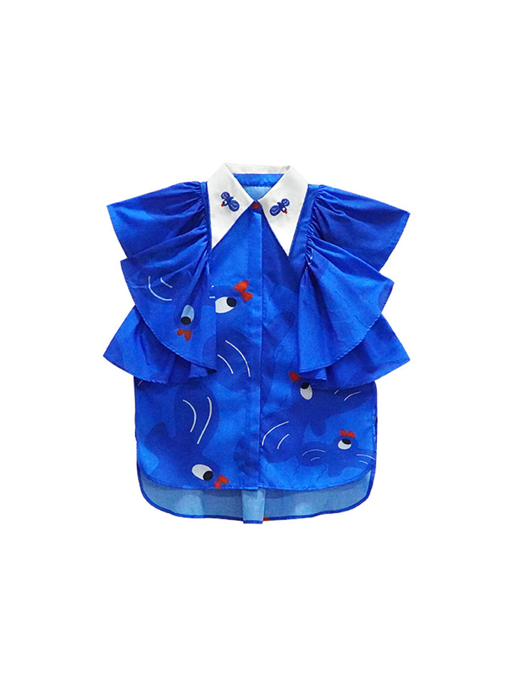 Original Retro Exquisite Bluebird Embroidered Collar Shirt with Lotus Leaf Flying Sleeves and Flip Collar Design, Printed on Shirt