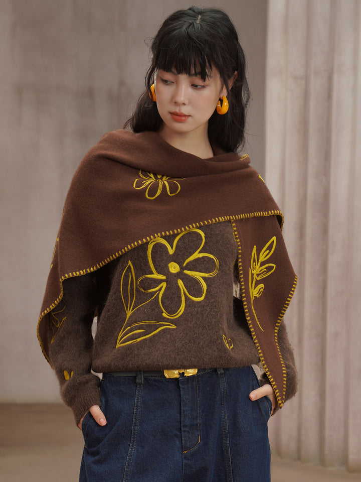 Original retro flower embroidery sweater, plant-based girl skin friendly knit top, soft and lazy style