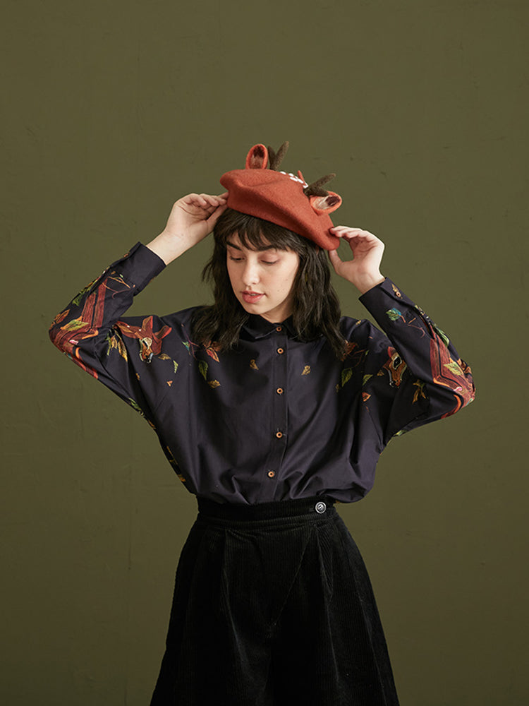 Hand-Drawn Deer Art Shirt - Original Retro Silhouette Long-Sleeved Top
