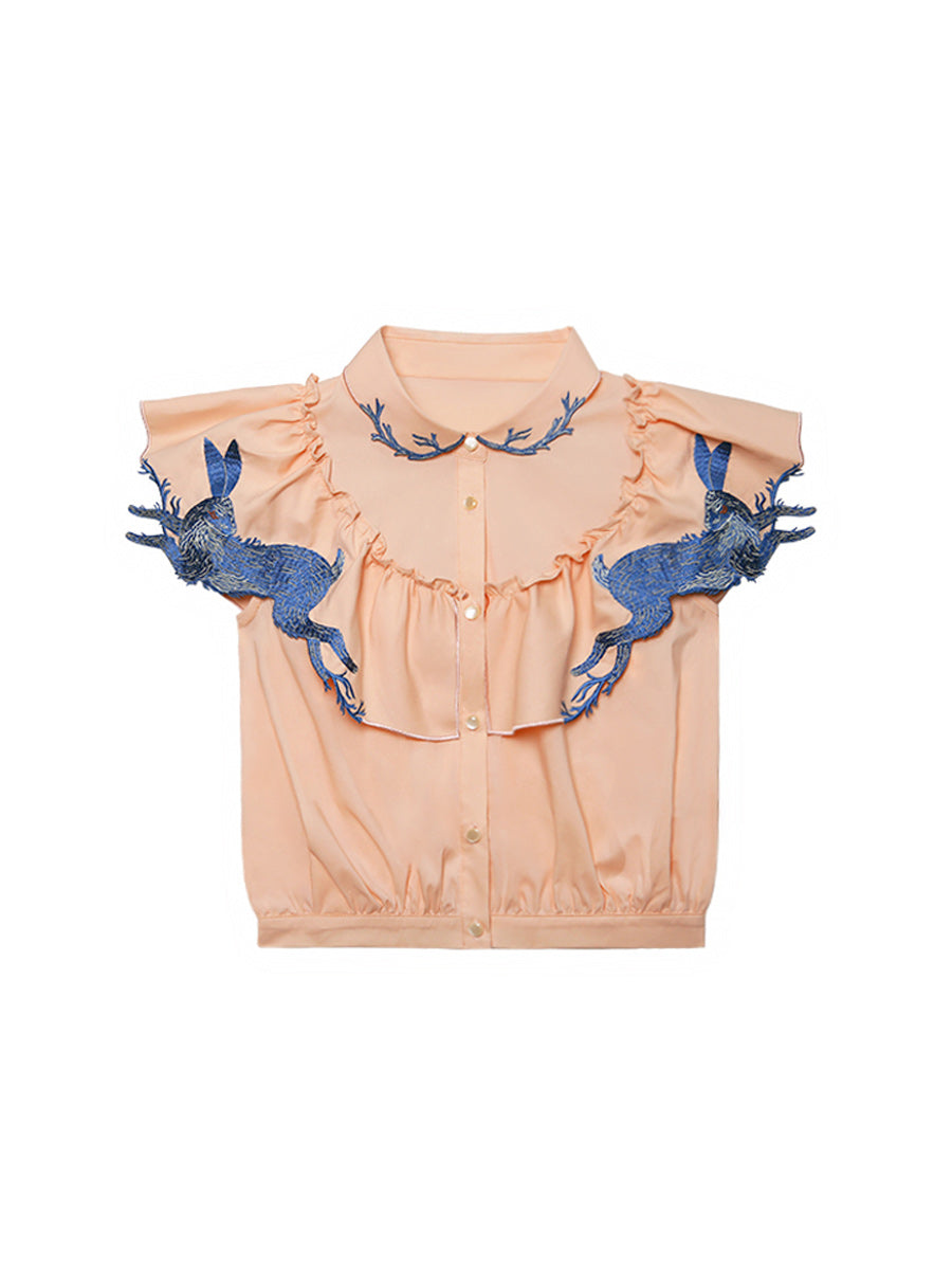 Whimsical Rabbit Embroidered Shirt - Retro Patchwork Niche Commuter Blouse