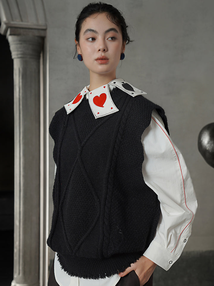 Vintage sleeveless knitted loose vest, versatile sweater with petal-shaped cuffs