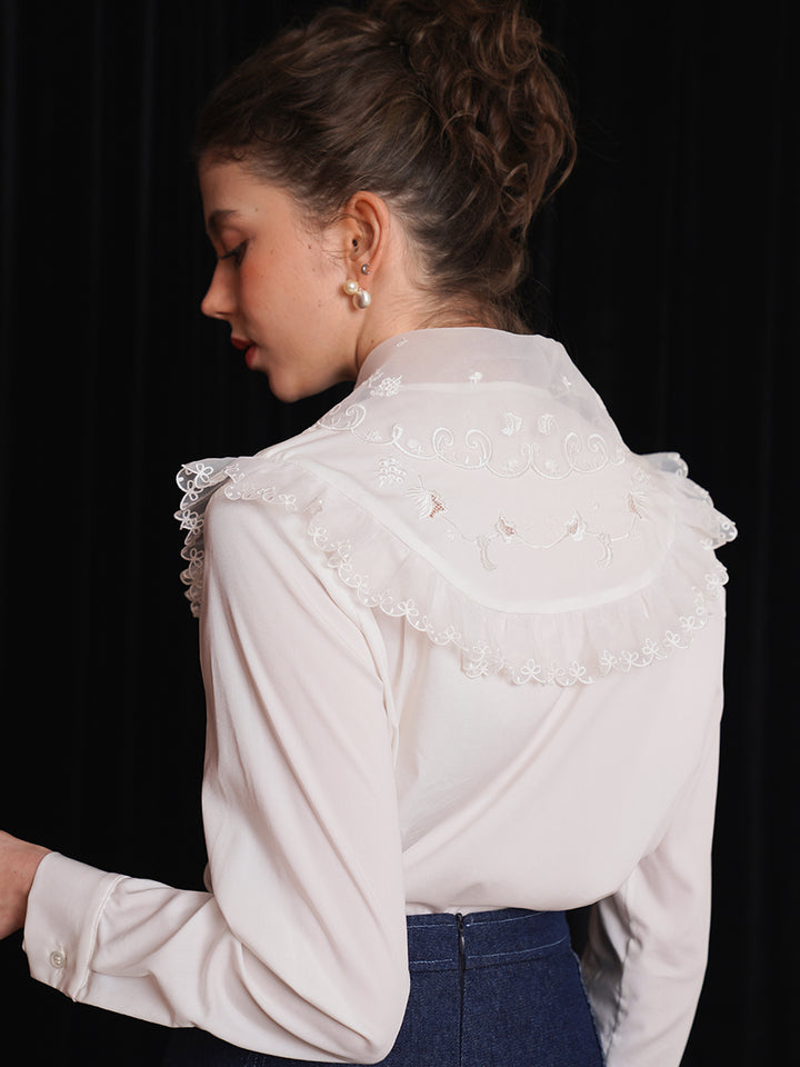 Original double-layer lace embroidered collar shirt French romantic spring/summer white top intellectual retro winter interior