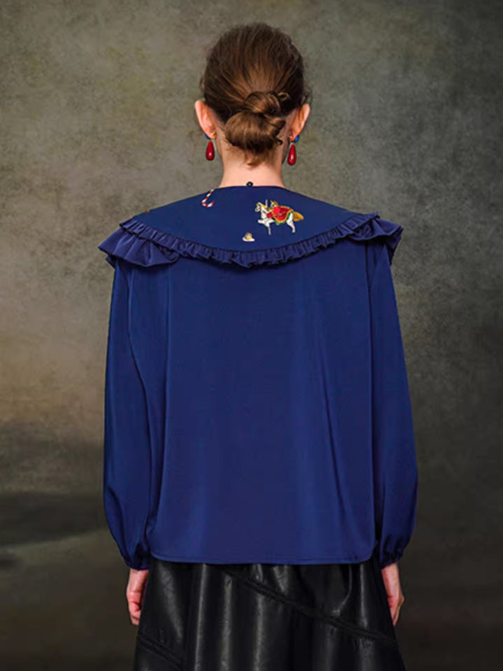 Nutcracker Embroidered Shirt with Detachable Shawl - French Retro