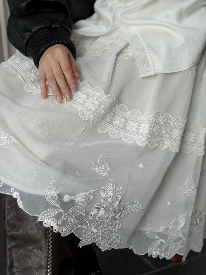 French Pearl White 3D Floral Embroidery Midi Skirt | Textured Flare Design