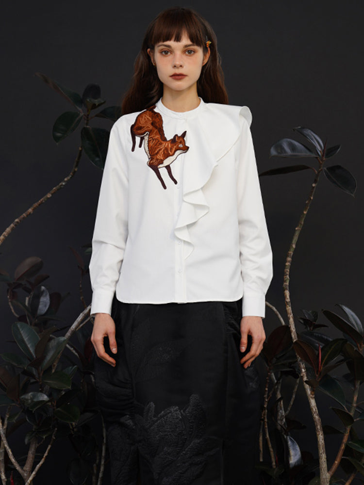 Fox Story  Heavy Embroidered Shirt - Retro Ruffle Wave Blouse for Women