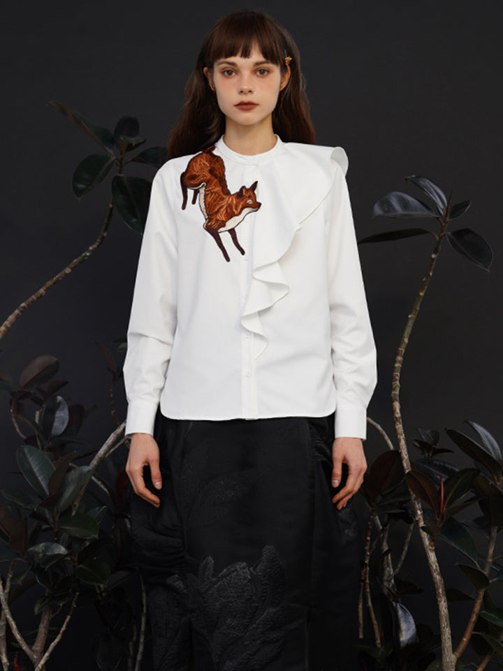 Fox Story  Heavy Embroidered Shirt - Retro Ruffle Wave Blouse for Women