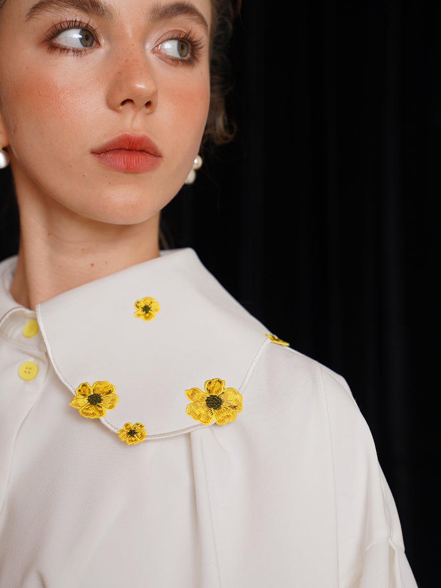 Retro plant embroidery collar shirt, squirrel and flower, niche designer top, off shoulder long sleeved jacket