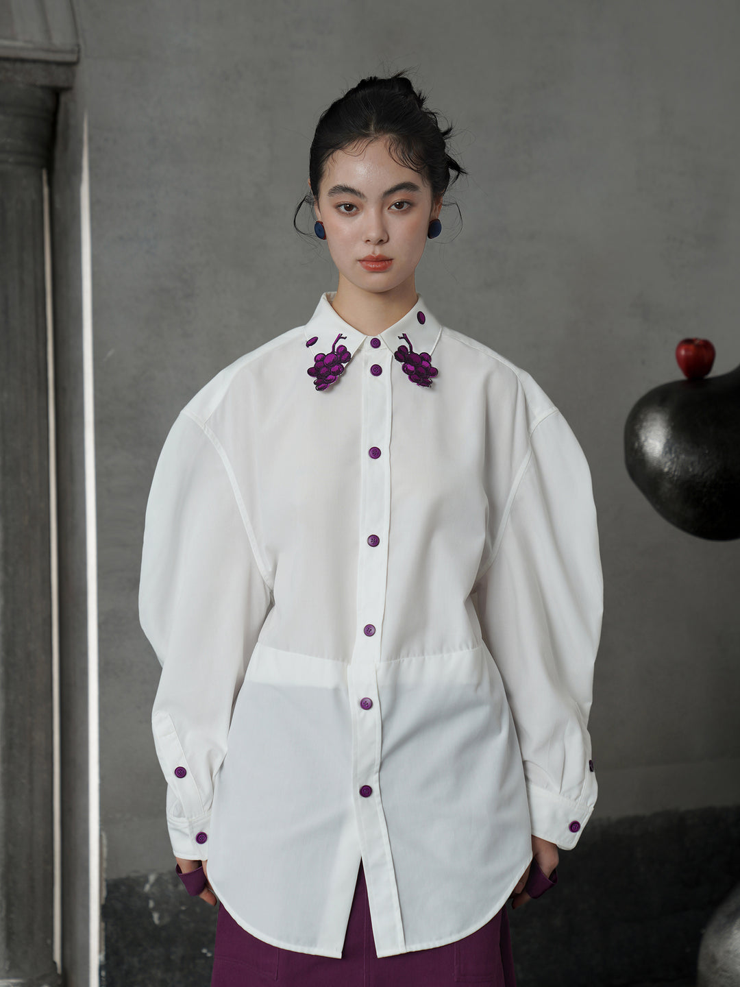 Vintage Grape Purple Embroidered Shirt | Contrast White Lapel Blouse