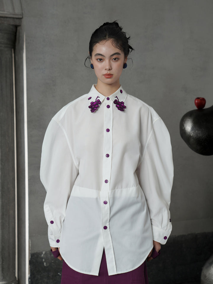 Vintage Grape Purple Embroidered Shirt | Contrast White Lapel Blouse