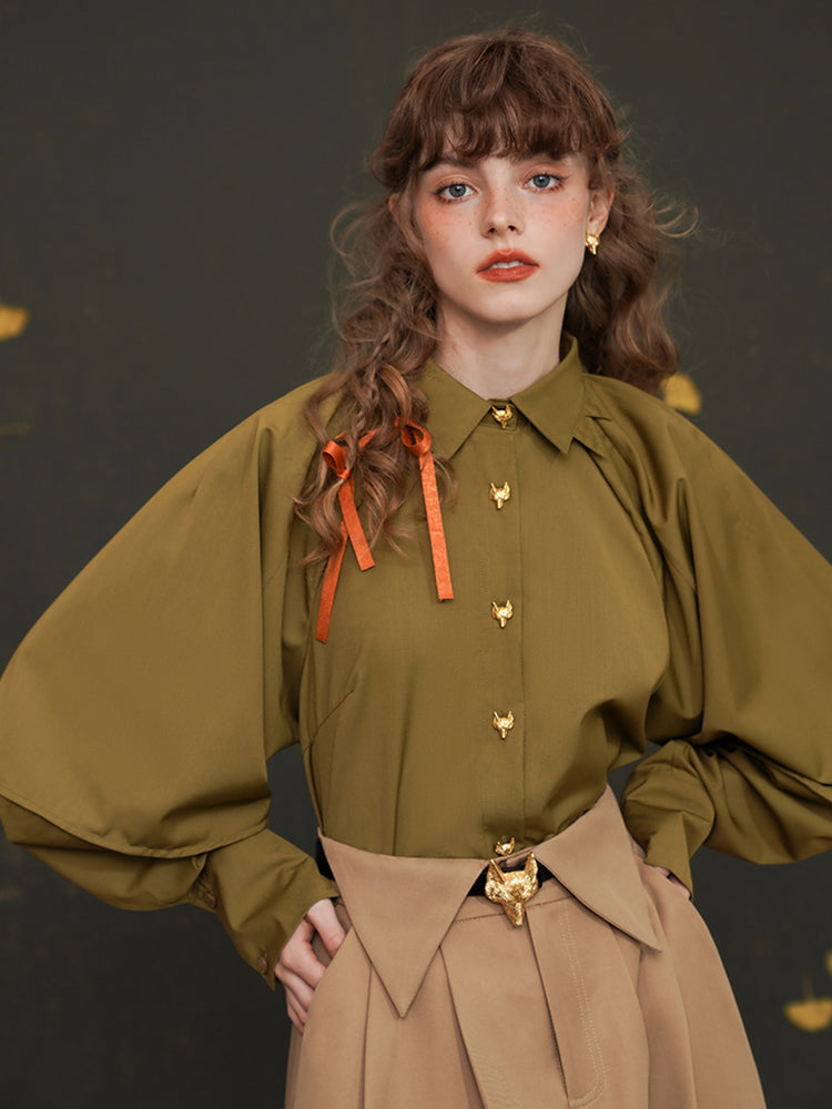Fox Spirit  Lantern Sleeve Shirt - Heavy Embroidered Vintage White Blouse
