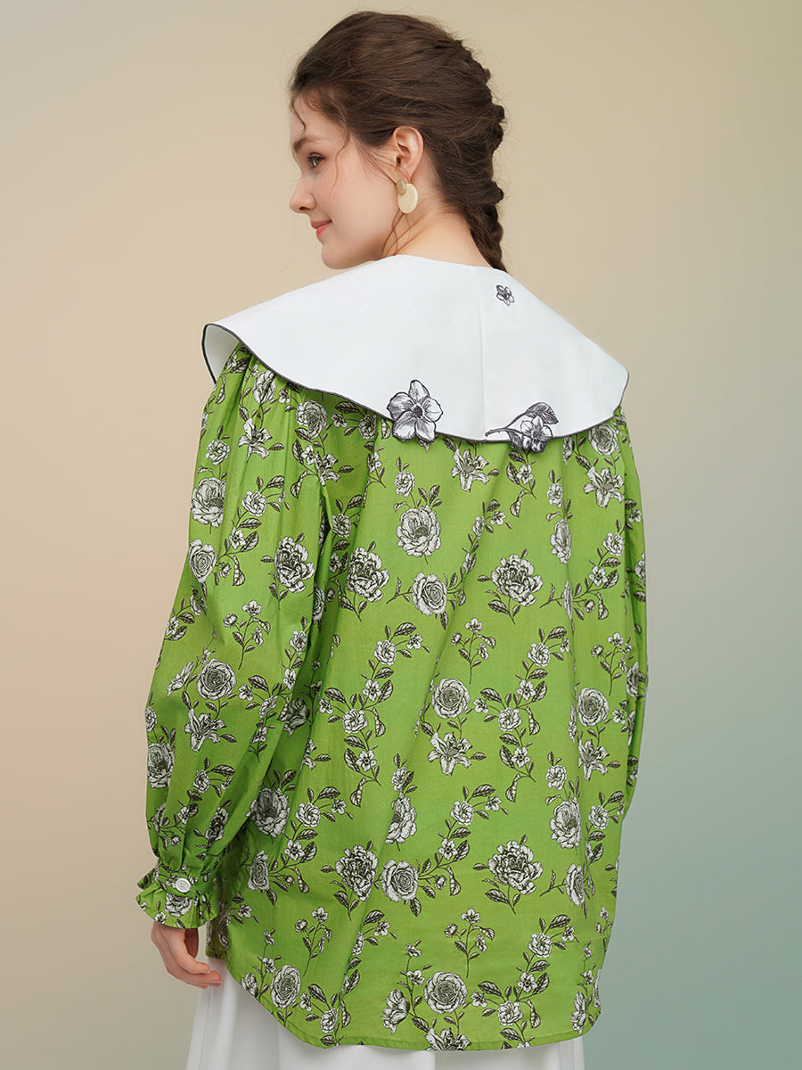 Original Green Rose French Retro Printed Shirt, Large Collar Top, Versatile Design, Women's Top