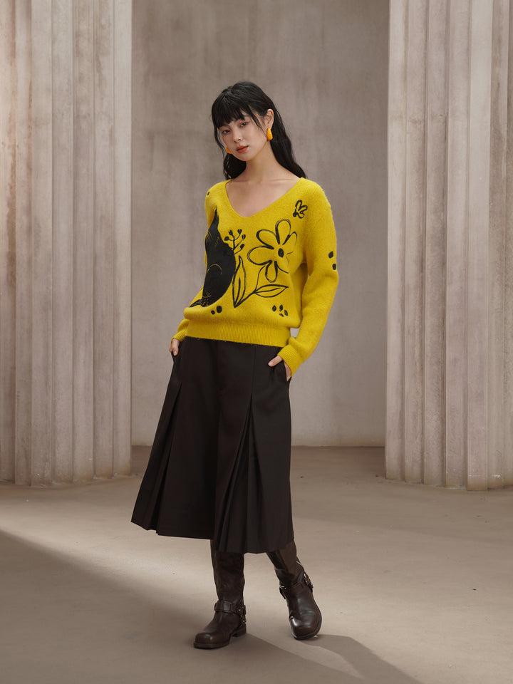 Vintage V-Neck Knitted Sweater – Black Cat Embroidery, Rabbit Hair Blend