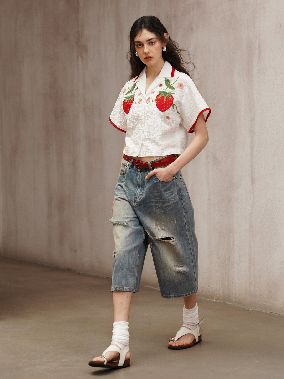 Strawberry Embroidered Cuban Collar Short-Sleeve Shirt