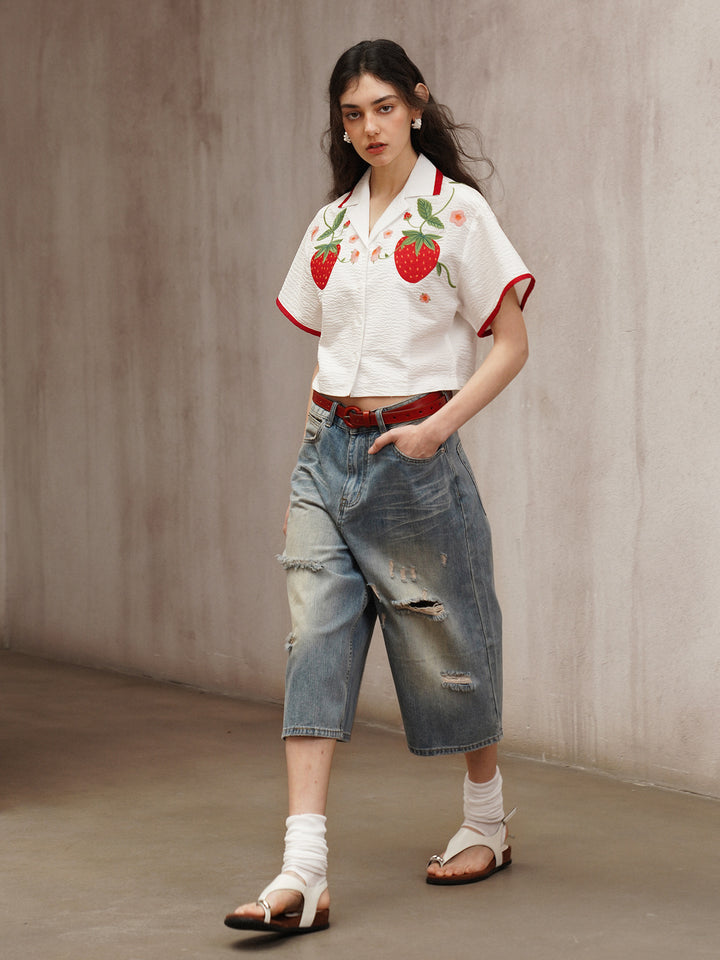 Strawberry Embroidered Cuban Collar Short-Sleeve Shirt