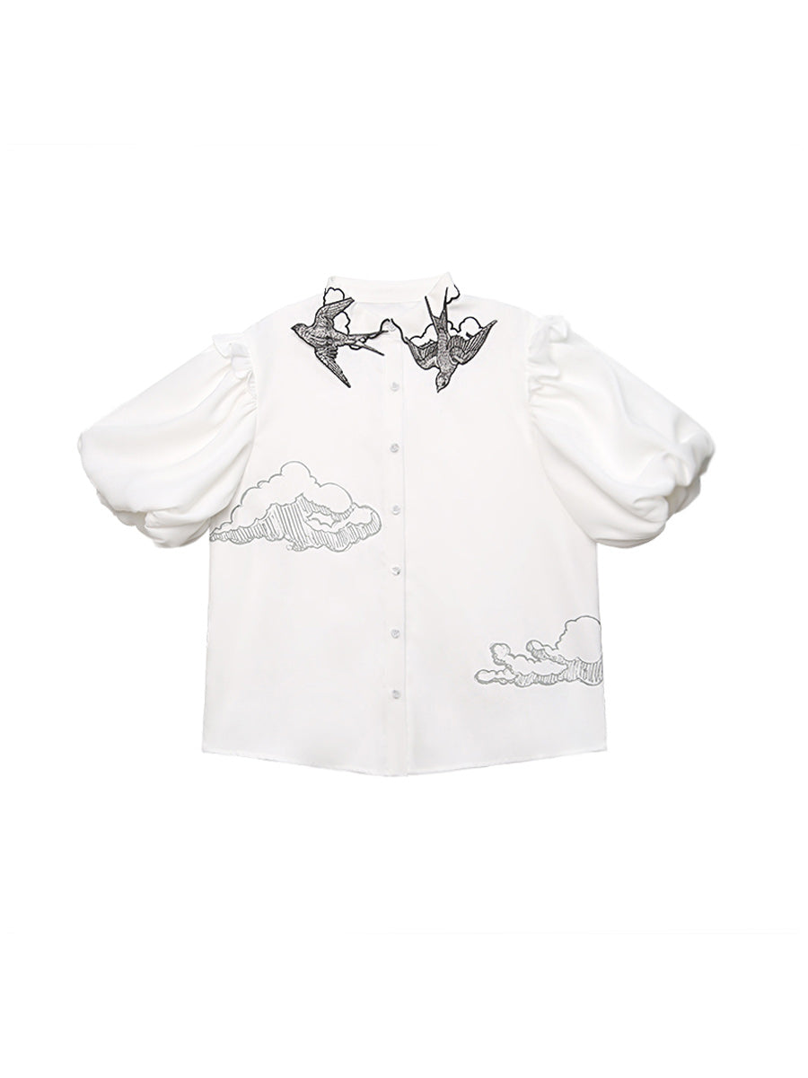 Original Embroidered Collar White Shirt Designer Style Small and Beautiful Versatile Top Women's Long Sleeve