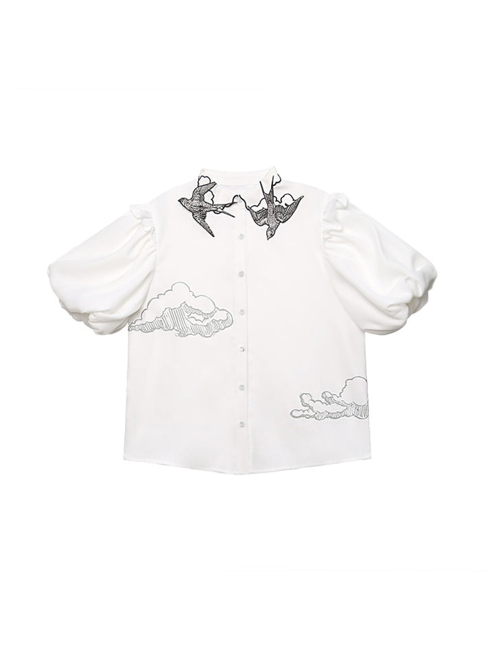 Original Embroidered Collar White Shirt Designer Style Small and Beautiful Versatile Top Women's Long Sleeve