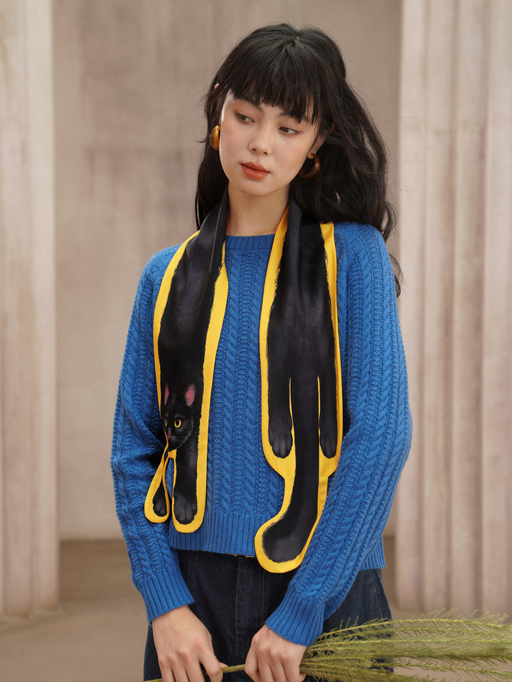 Golden Whiskers Little Black Cat Scarf - Smooth Silk-Feel Bright Yellow Neck Wrap