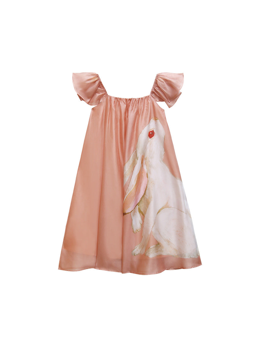 Original French retro printed rabbit pattern flying sleeve dress for women, short sleeved romantic and super fairy slimming dress