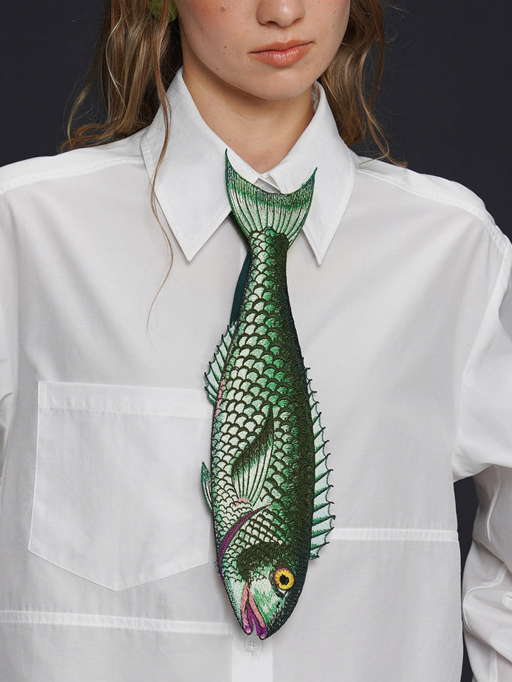 Original design: Embroidered fish series tie, retro and niche design, tie, women's personalized accessory