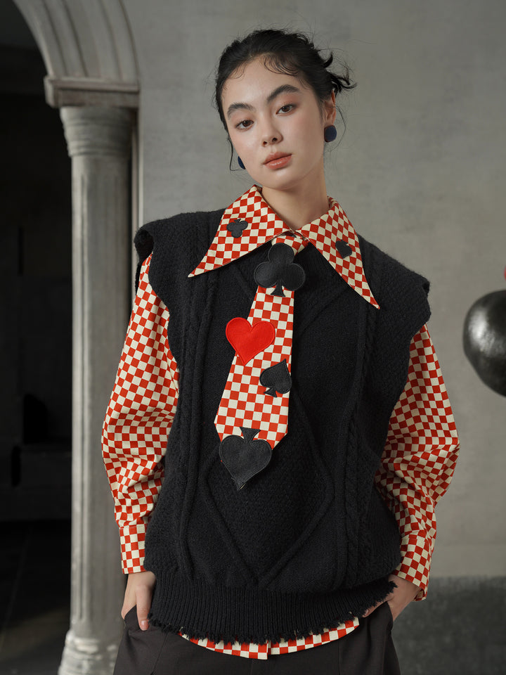 Vintage Red Diamond & Poker Embroidered Shirt | Preppy Style Lapel Blouse