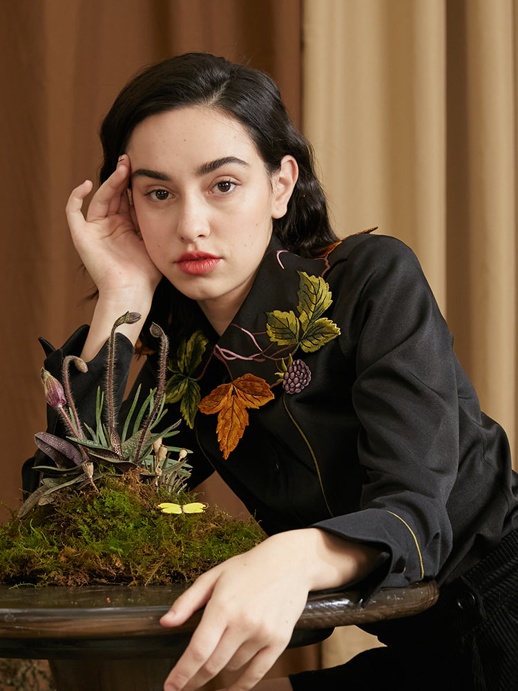 Leaf French Shirt - Original Embroidered Collar Retro Batwing Sleeve Top