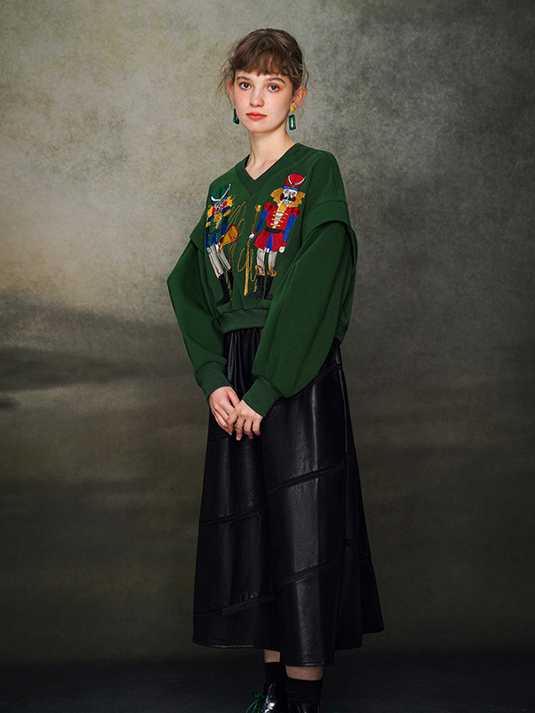 Nutcracker Embroidered Wide V-neck Hoodie with Spliced Sleeves