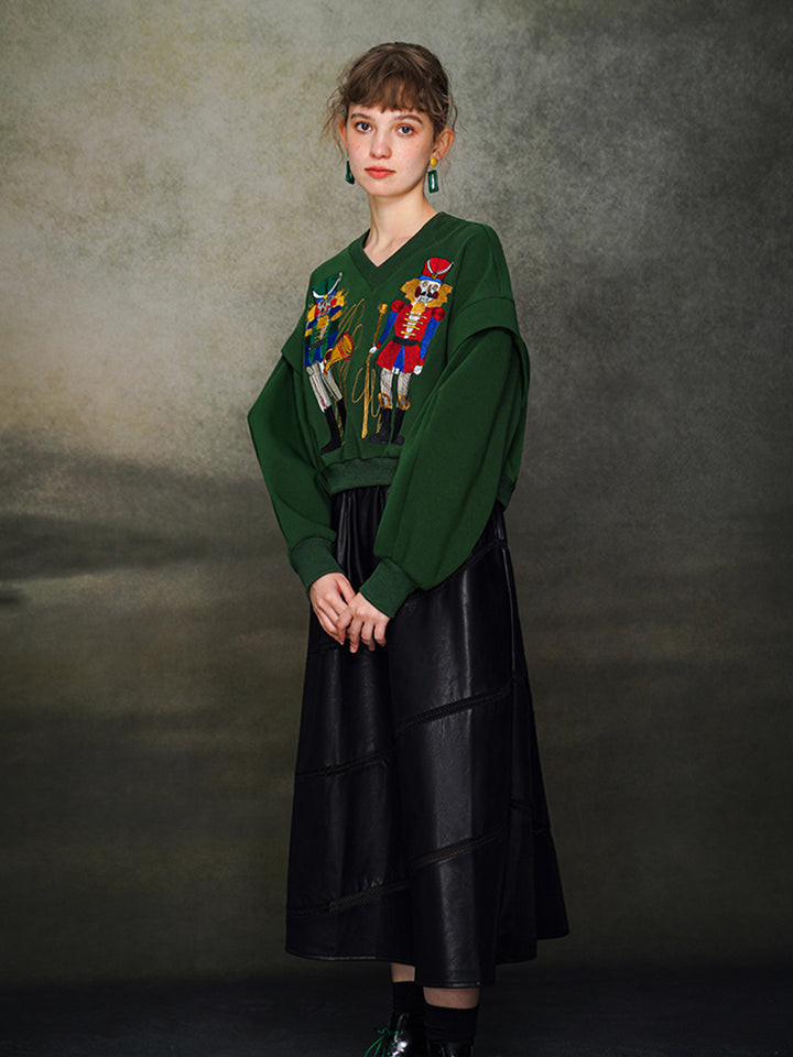 Nutcracker Embroidered Wide V-neck Hoodie with Spliced Sleeves