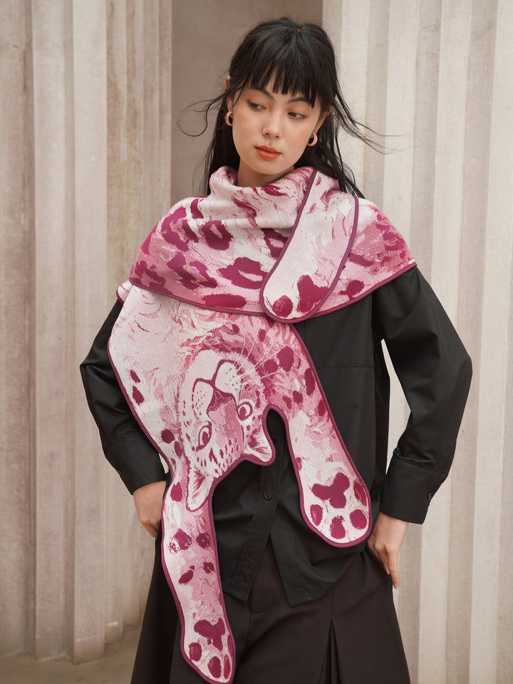 Pink Panther Blended Wool Big Shawl - Retro Knitted Animal Cape Scarf