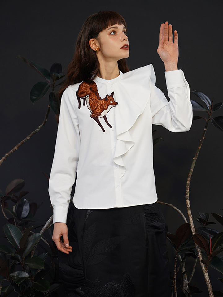 Fox Story  Heavy Embroidered Shirt - Retro Ruffle Wave Blouse for Women