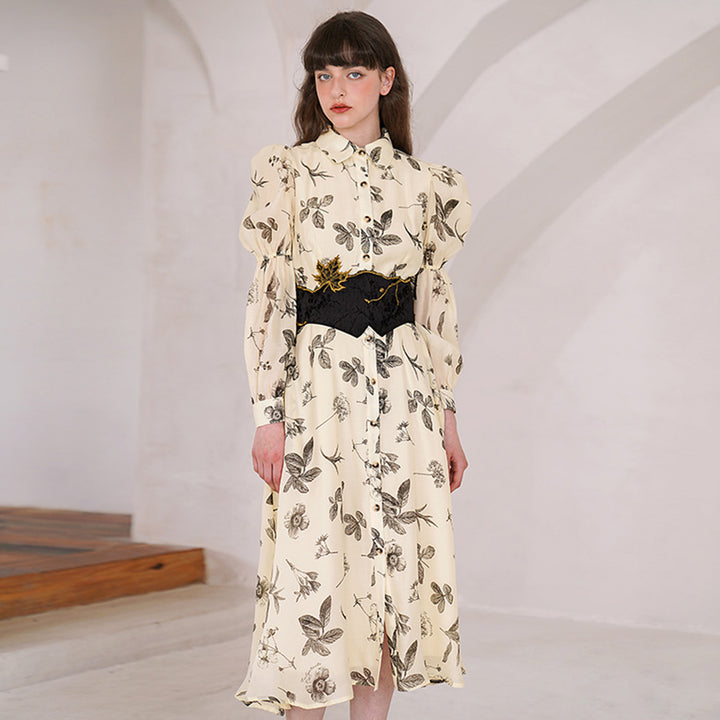 Original French retro plant print long sleeved dress for women with light apricot temperament, slimming commuting dress