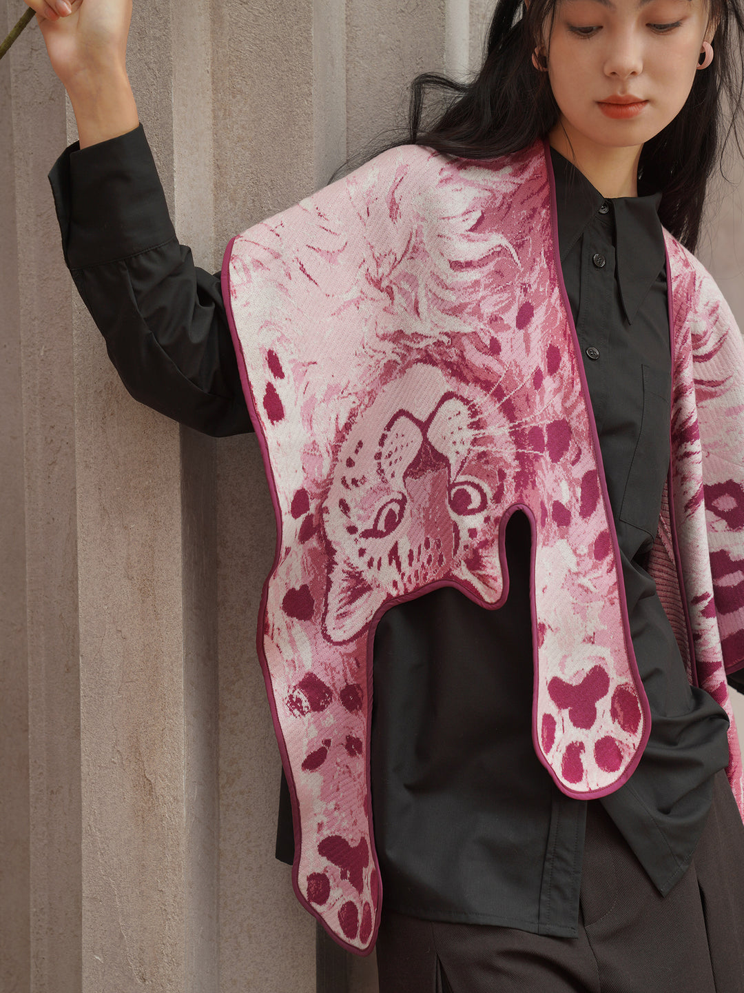 Pink Panther Blended Wool Big Shawl - Retro Knitted Animal Cape Scarf