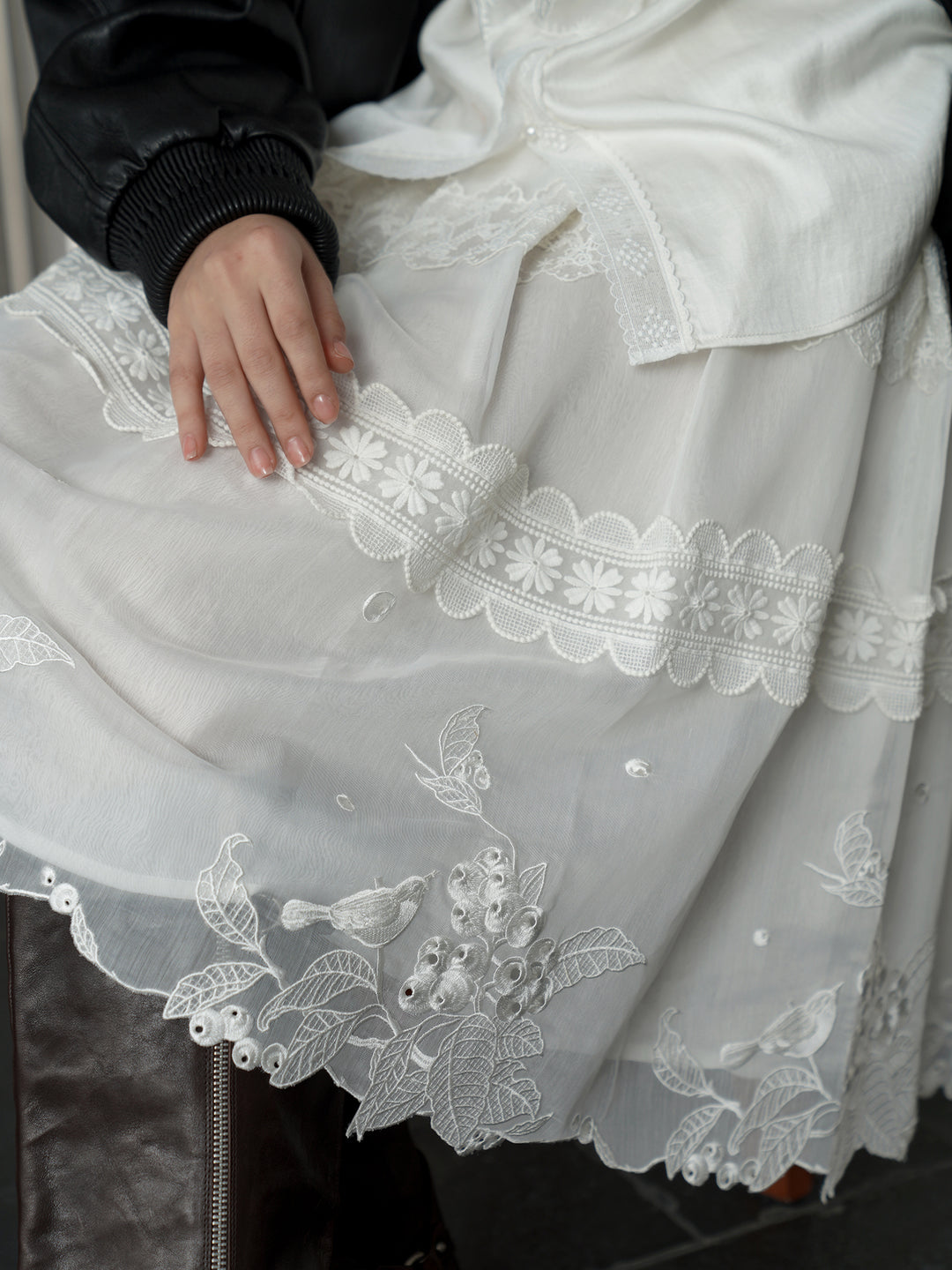 French Pearl White 3D Floral Embroidery Midi Skirt | Textured Flare Design