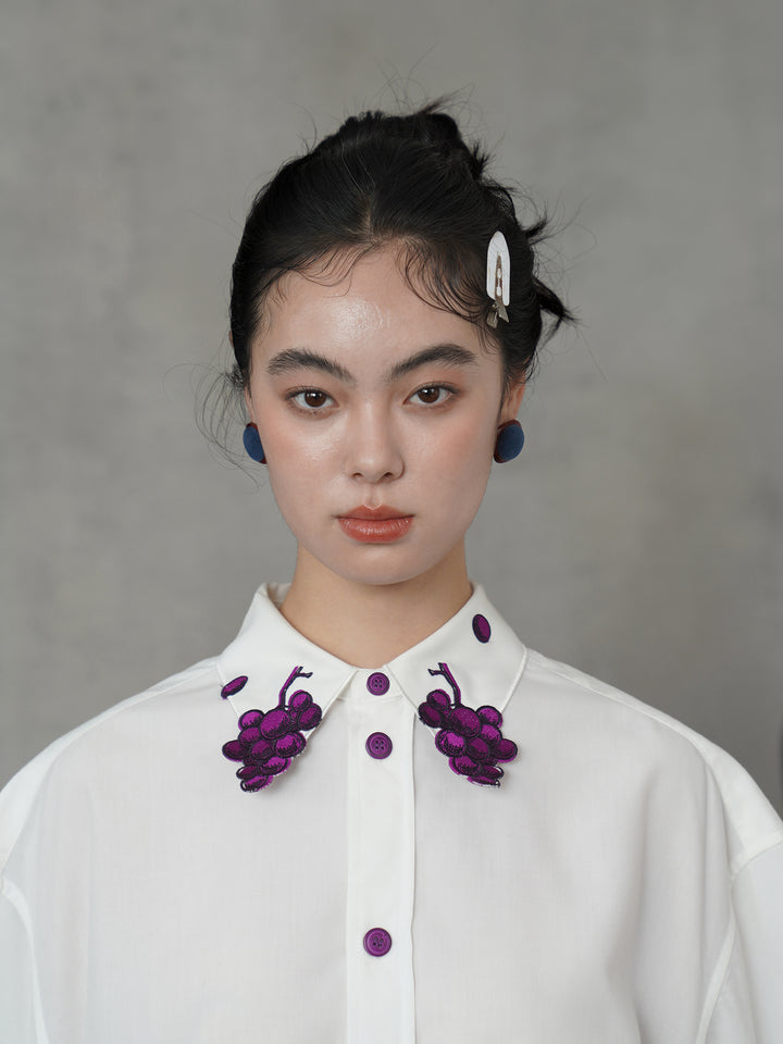 Vintage Grape Purple Embroidered Shirt | Contrast White Lapel Blouse