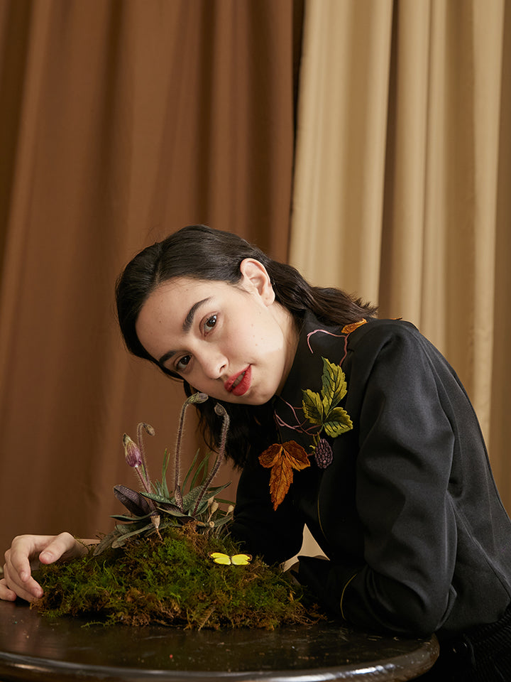Leaf French Shirt - Original Embroidered Collar Retro Batwing Sleeve Top