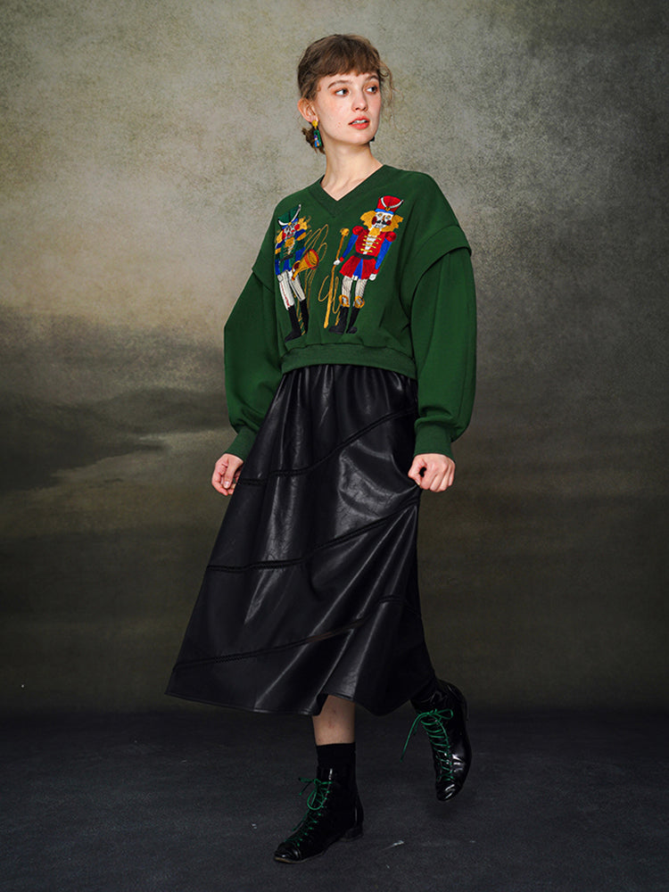 Nutcracker Embroidered Wide V-neck Hoodie with Spliced Sleeves
