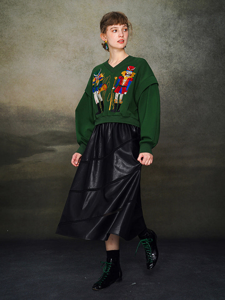 Nutcracker Embroidered Wide V-neck Hoodie with Spliced Sleeves