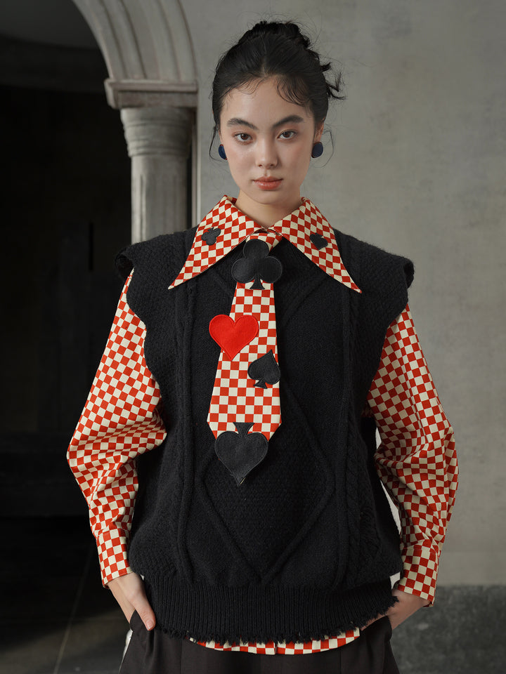 Vintage Red Diamond & Poker Embroidered Shirt | Preppy Style Lapel Blouse