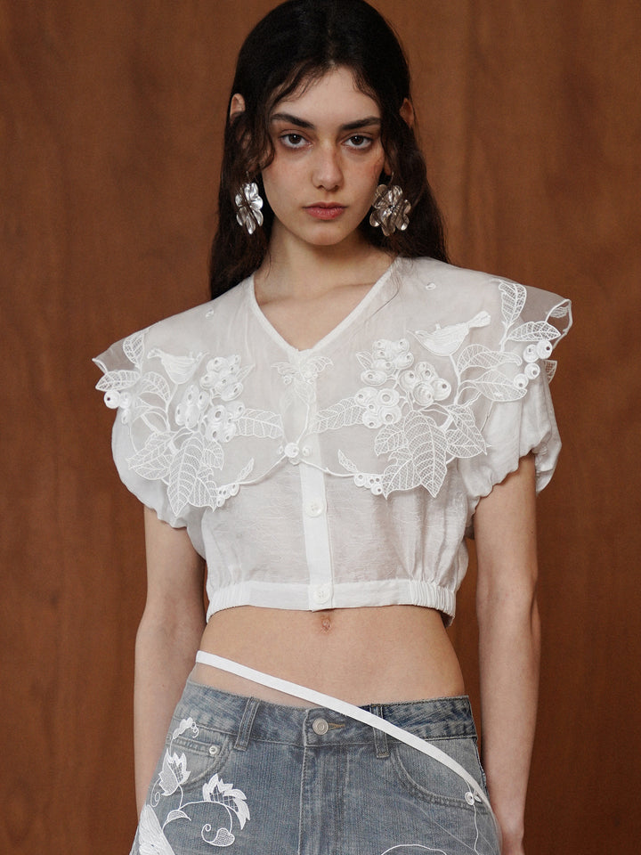 French Vintage Intricate Embroidered Lace Shirt