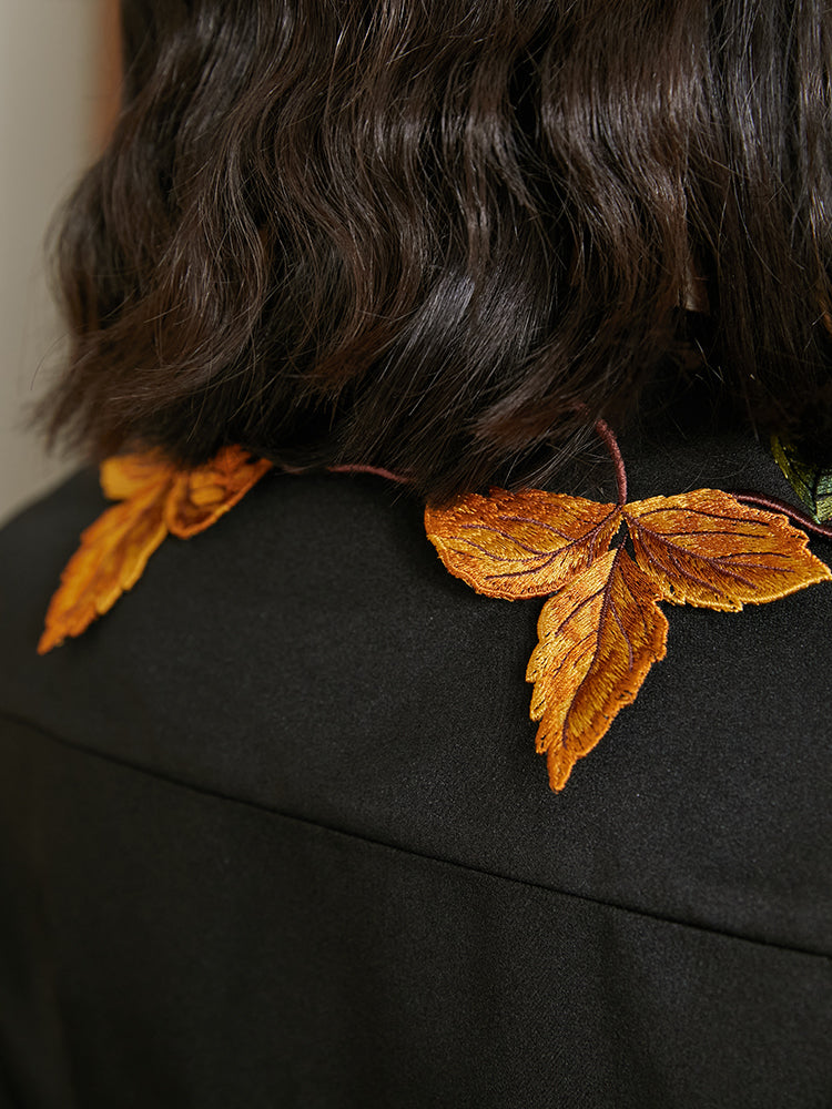 Leaf French Shirt - Original Embroidered Collar Retro Batwing Sleeve Top