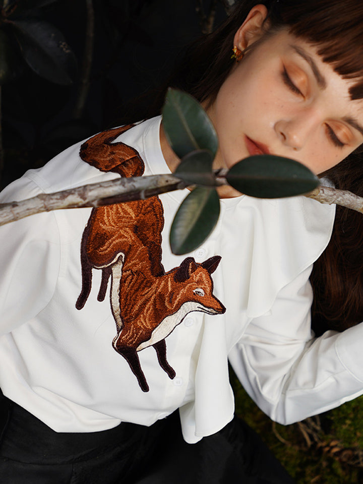 Fox Story  Heavy Embroidered Shirt - Retro Ruffle Wave Blouse for Women