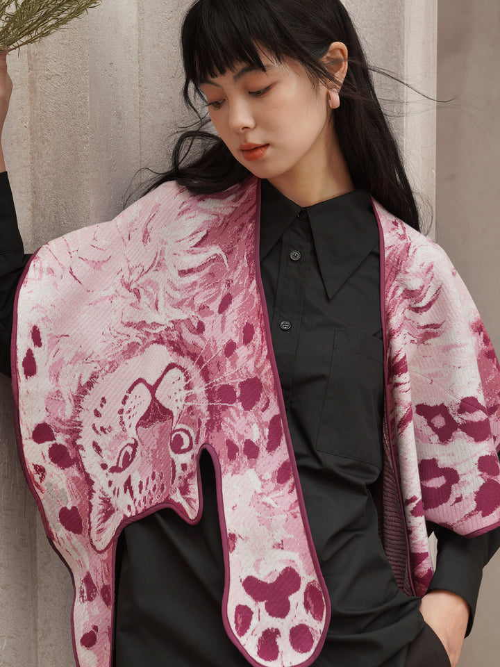 Pink Panther Blended Wool Big Shawl - Retro Knitted Animal Cape Scarf