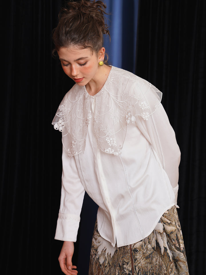 Vine Romance Lace Embroidered Blouse - French Retro Big Collar Sweet White Top