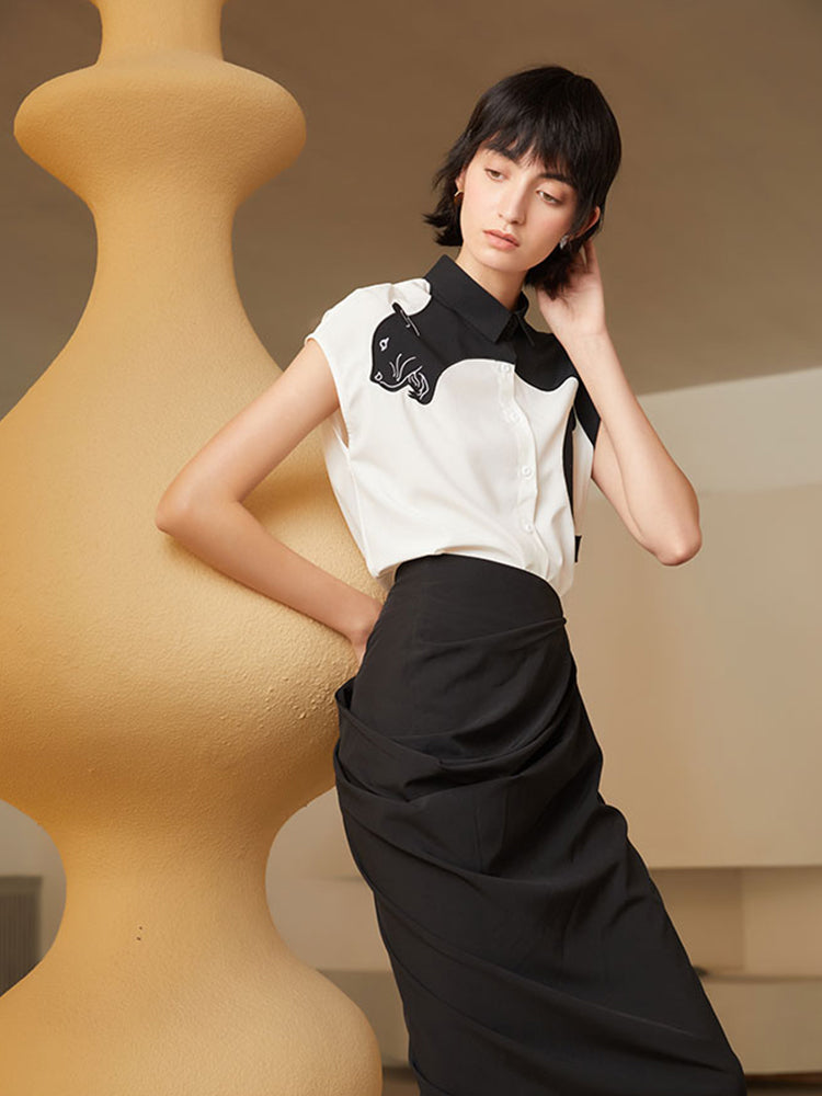Urban Feline Leopard Shirt - Original Art Style Color Contrast Slimming Short Sleeve Blouse