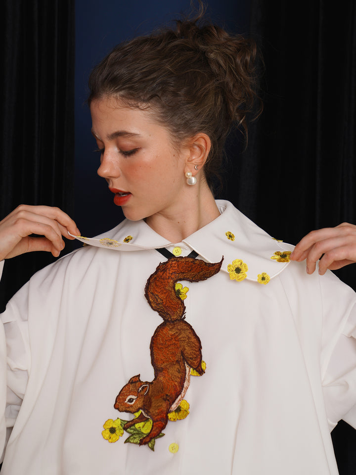 Forest Fairy Squirrel & Flower Embroidered Tie - Retro Knot-Free Niche Gift